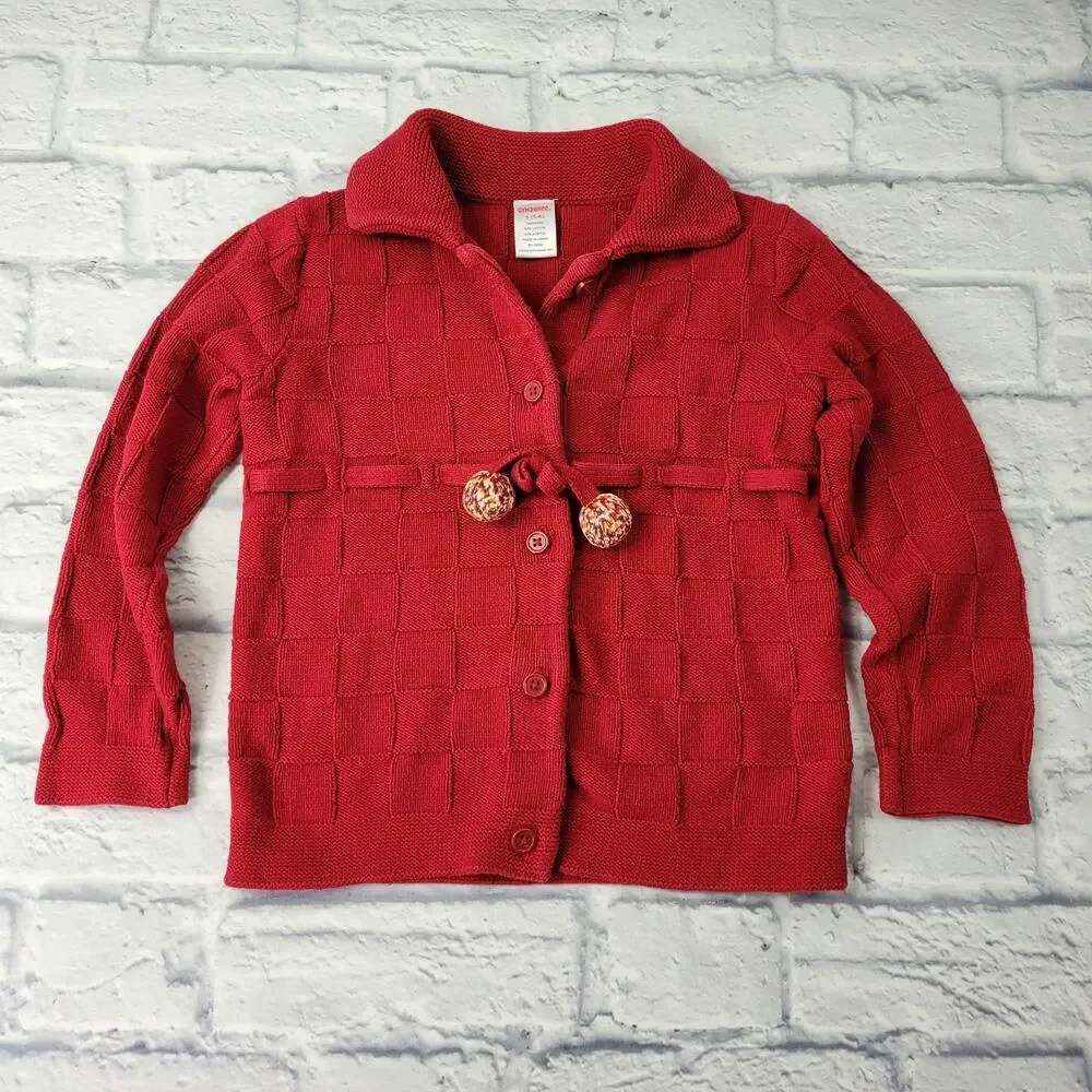 Gymboree Girl's Red Basketweave Button Front Sweater Holiday Pom Poms sz Small